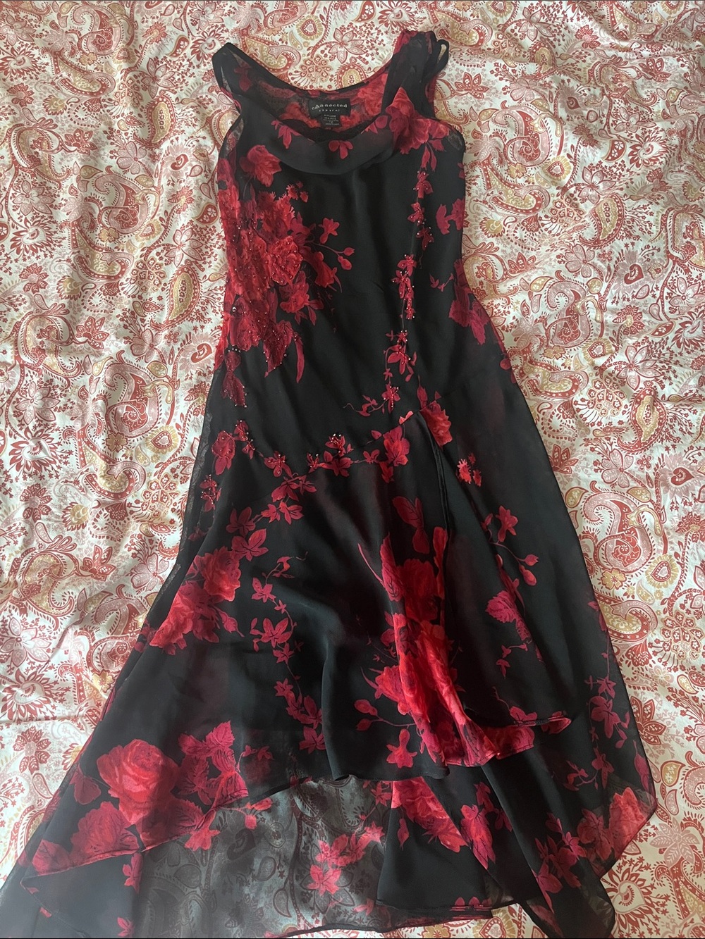 90s whimsigoth vintage red floral and black dress with lace and beaded detail